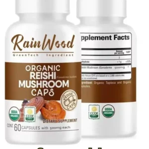 "Cápsulas de Reishi Orgánico RainWood, suplemento vegano con Ganoderma lucidum, ideal para fortalecer el sistema inmune."