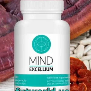 "Frasco de Mind Excelium, suplemento alimenticio natural con 90 cápsulas vegetales, acompañado de ingredientes como reishi y componentes naturales."