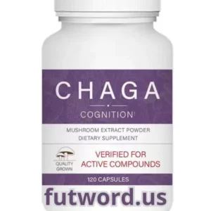 Frasco de suplemento Chaga Cognition con extracto de hongo medicinal, etiquetado como "Verified for Active Compounds", 120 cápsulas.