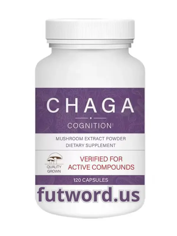 Frasco de suplemento Chaga Cognition con extracto de hongo medicinal, etiquetado como "Verified for Active Compounds", 120 cápsulas.